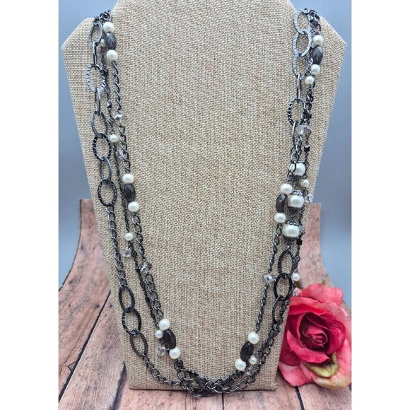 Premier Design Gun Metal Chain Necklace Faux Pearls Hammered Links Multi Strand - Picture 2 of 9